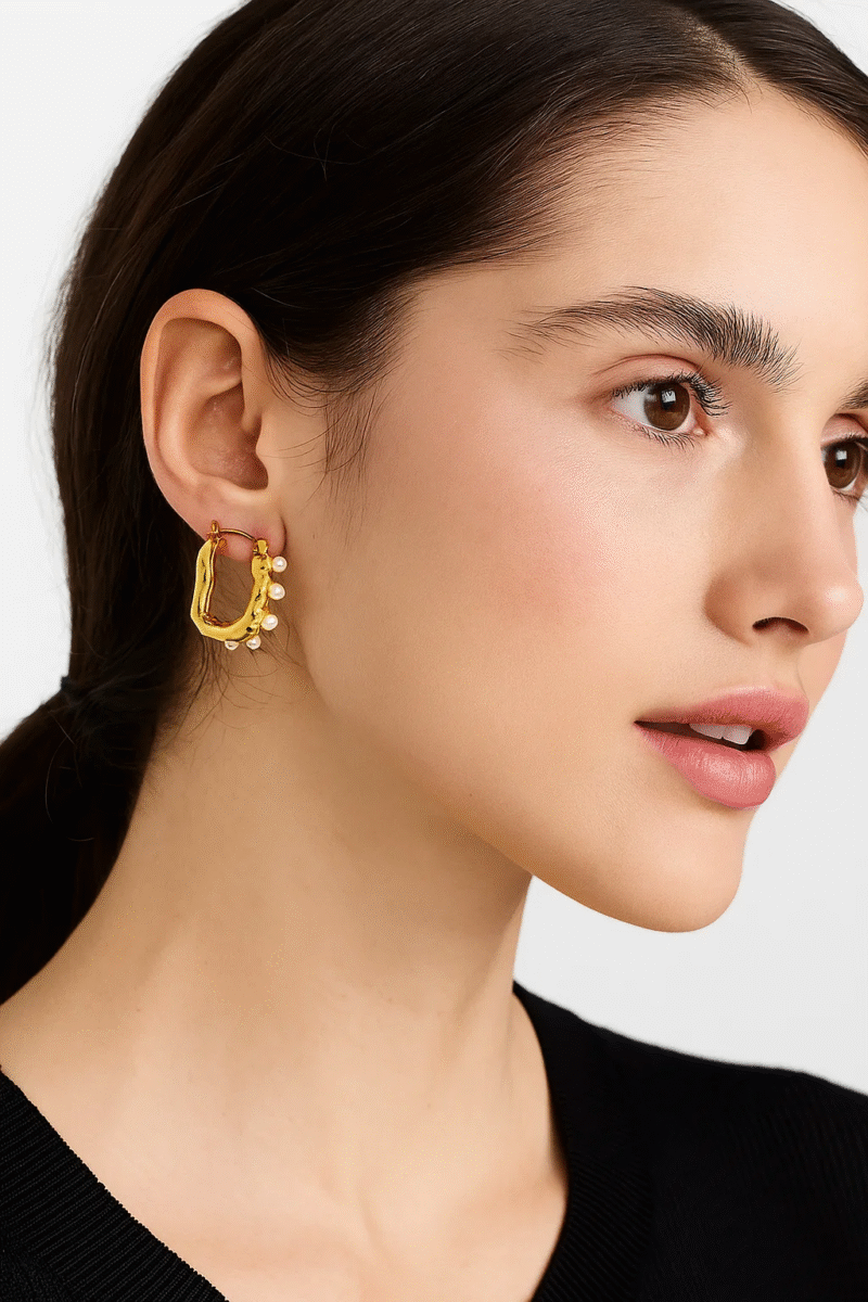Gold Irregular Hoop Earrings with Pearl Accents - Unique Textured Design