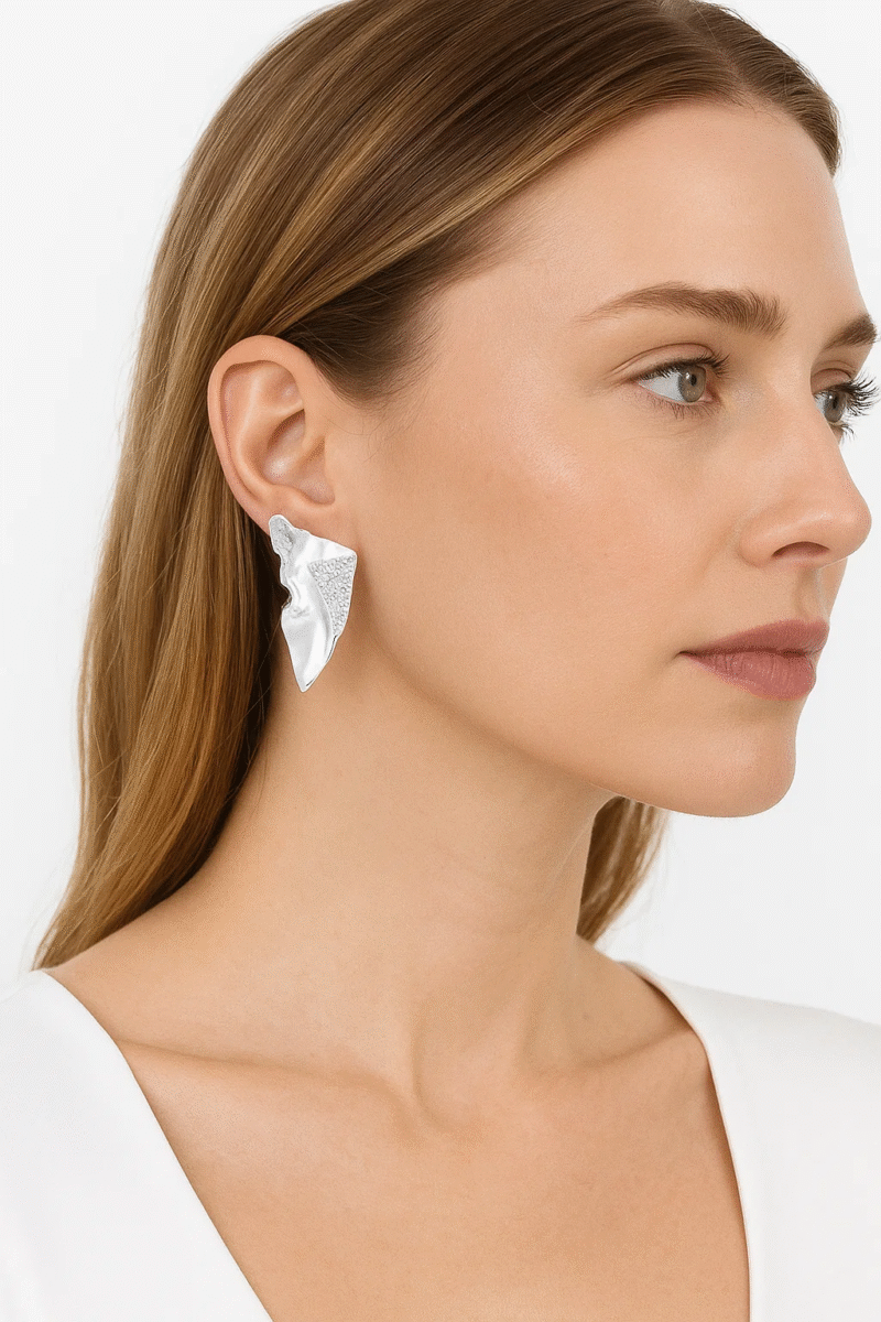 Silver Irregular Drop Earrings with Crystal Embellishment - Modern Abstract Design
