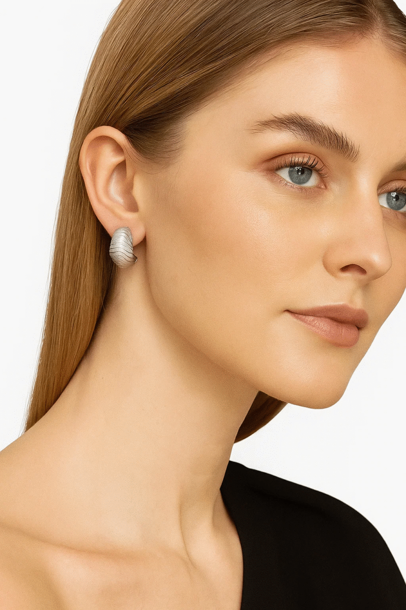 Sterling Silver Ribbed Half Hoop Stud Earrings | Unique Textured Design