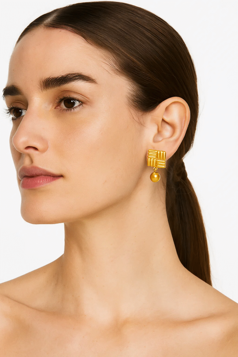 Gold Plated Square Woven Drop Earrings with Ball Dangle - Textured Statement Jewelry