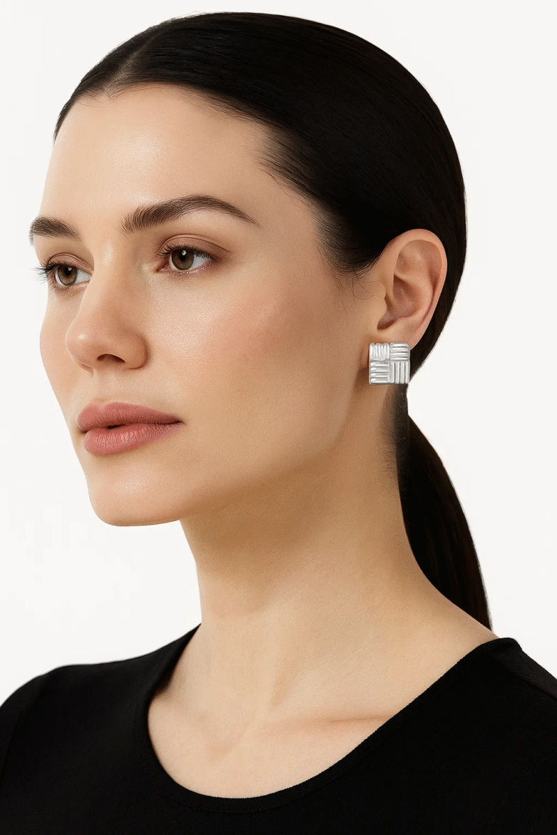 Modern Silver Square Stud Earrings with Textured Woven Pattern - Fashion Statement
