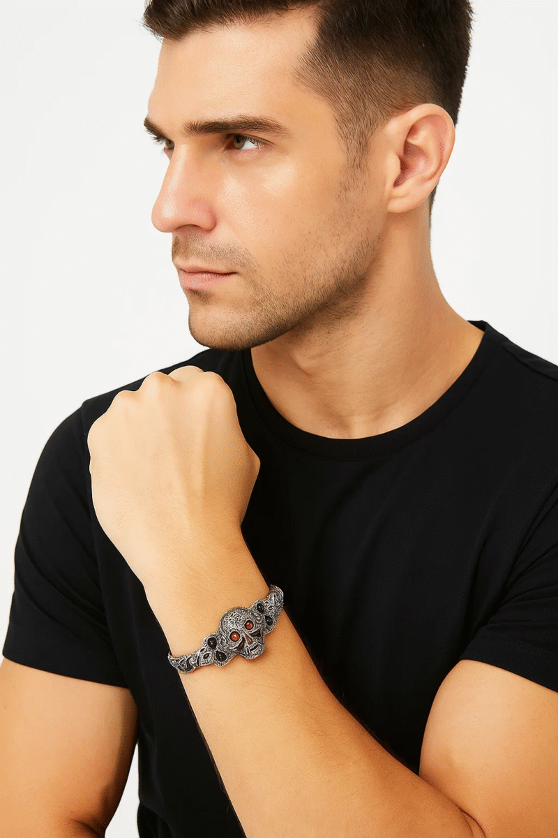Men's Stainless Steel Skull Bracelet with Red Eyes - Biker Goth Punk Jewelry