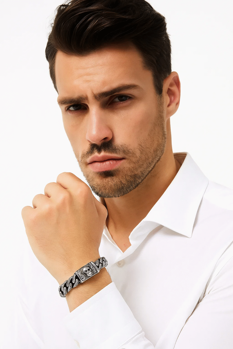 Men's Stainless Steel Carved Link Bracelet with Skull Clasp - Gothic Biker Jewelry