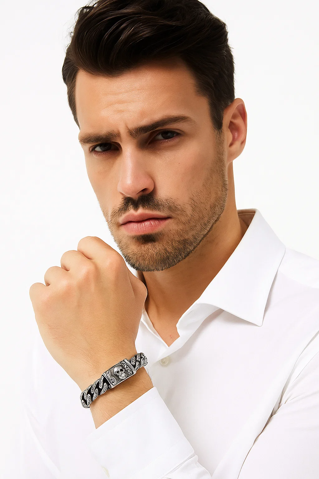 Men's Stainless Steel Carved Link Bracelet with Skull Clasp - Gothic Biker Jewelry - model-show-0628002 