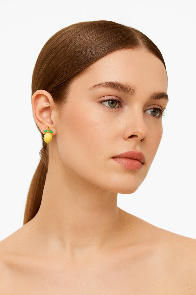 Cute Lemon Stud Earrings - Enamel Fruit Jewelry with Green Leaves