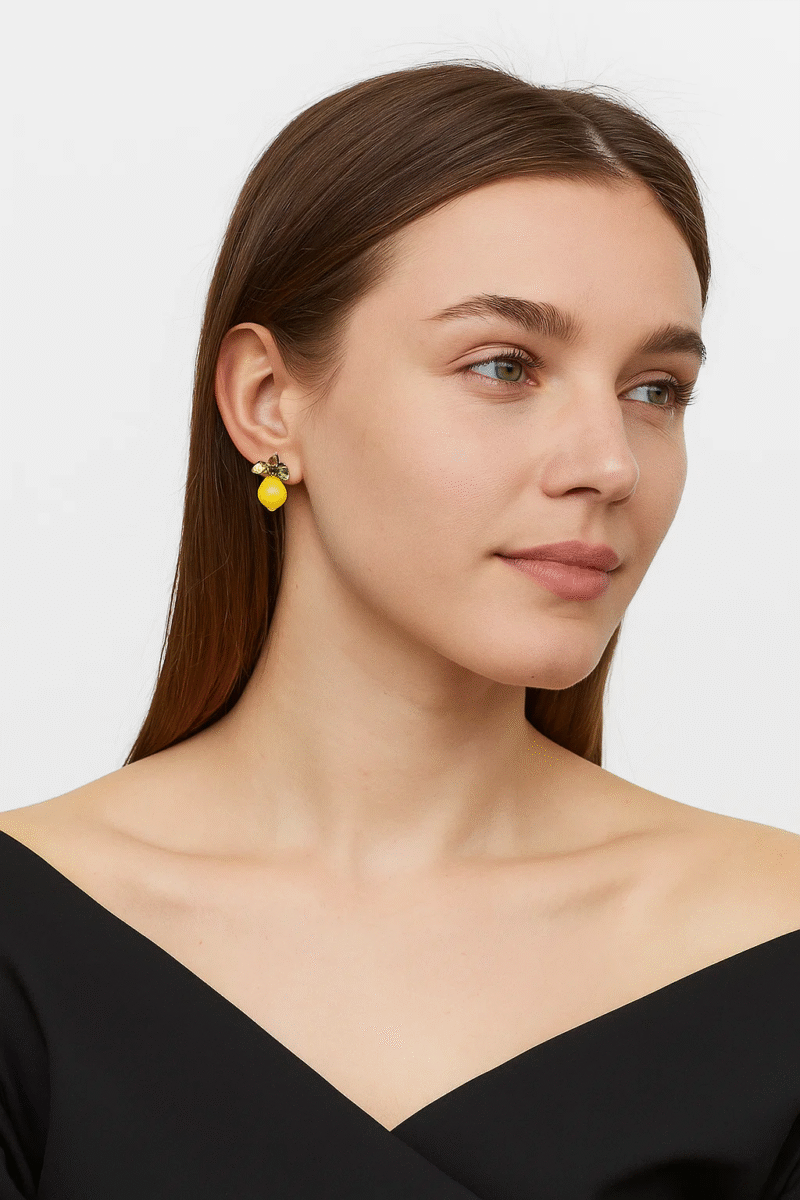 Dainty Lemon Stud Earrings - Rhinestone Leaf Design - Summer Fruit Jewelry