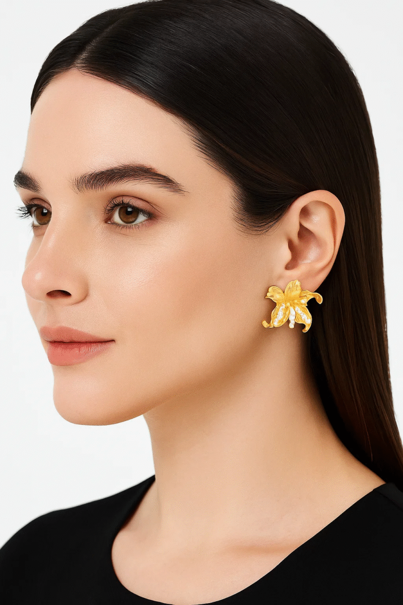 Gold Flower Pearl Stud Earrings - Elegant Floral Dangle Jewelry for Women