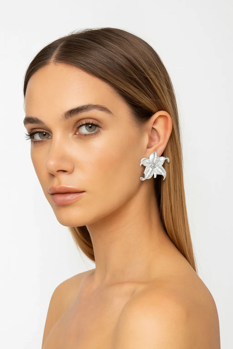 Silver Flower Pearl Stud Earrings - Elegant Floral Dangle Jewelry for Women
