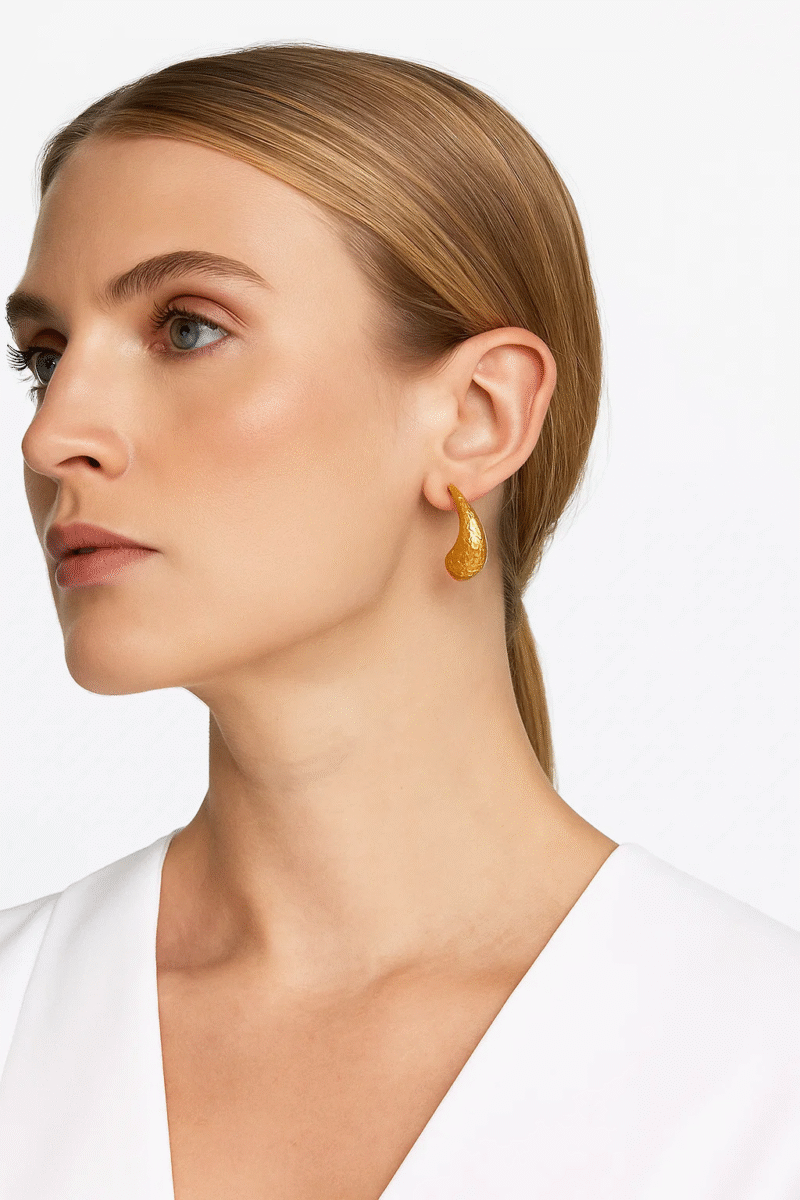 Gold Teardrop Dangle Earrings - Textured Hammered Finish - Stainless Steel Studs