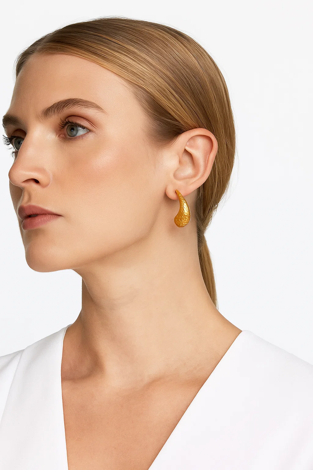 Gold Teardrop Dangle Earrings - Textured Hammered Finish - Stainless Steel Studs - model-show-063001 