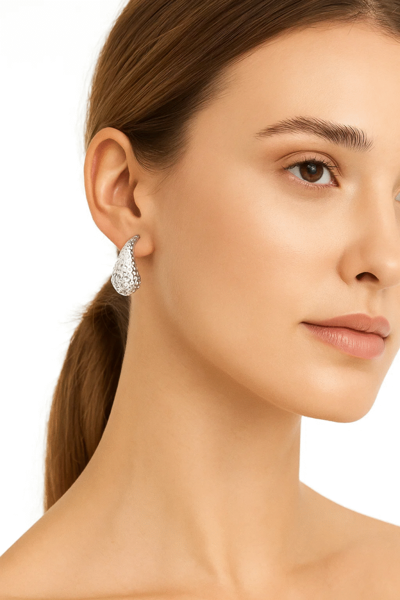 Silver Teardrop Dangle Earrings - Textured Hammered Finish - Stainless Steel Studs