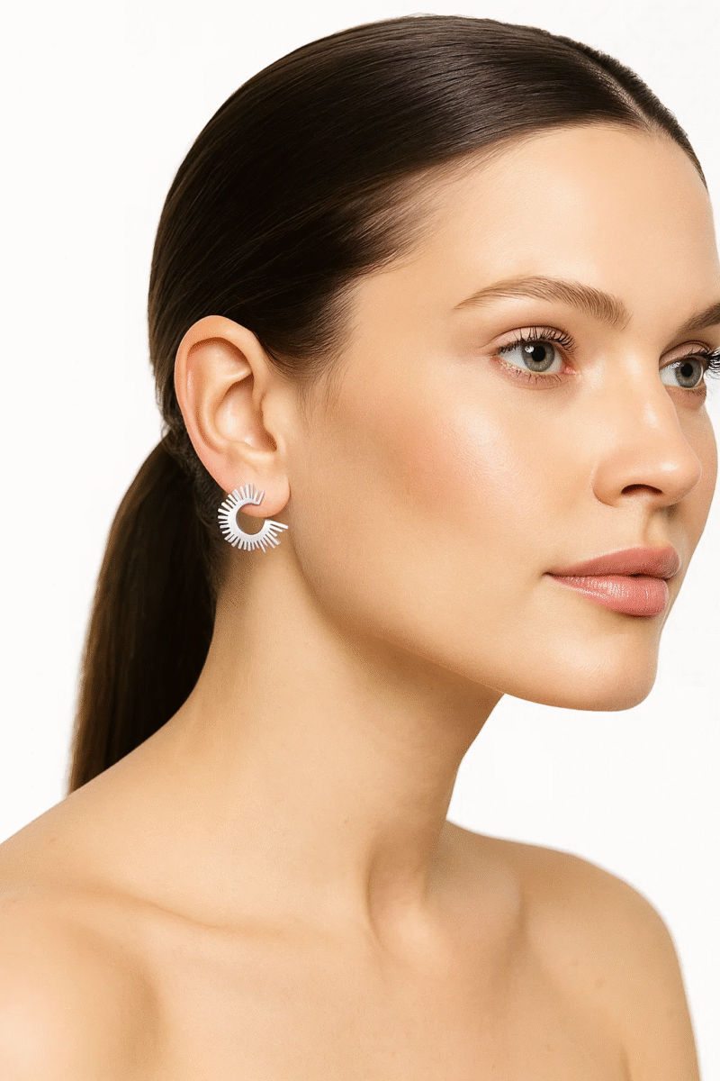 Silver Sunburst Hoop Earrings - Stainless Steel Half Hoop Stud Design