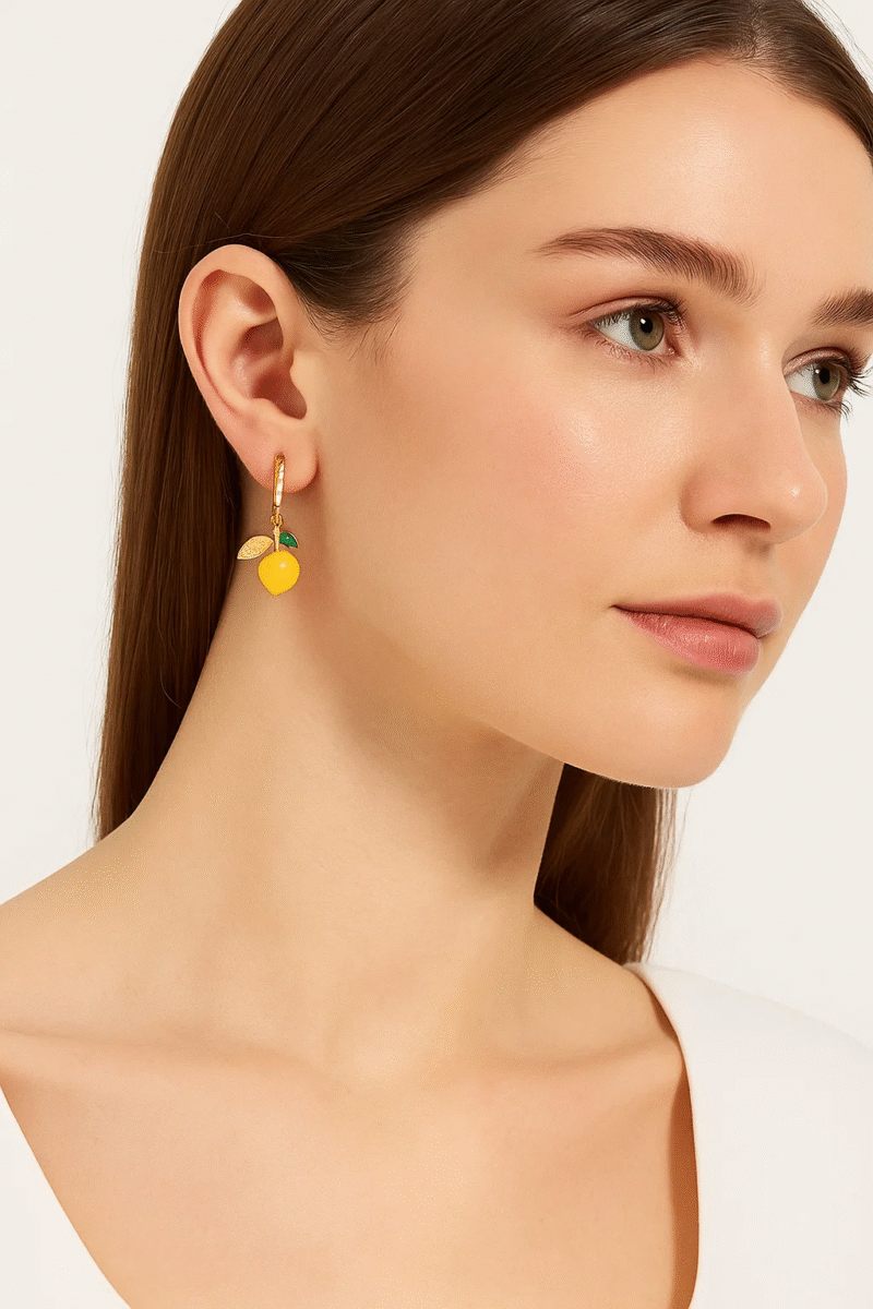 Sparkling Lemon Dangle Hoop Earrings - Zirconia Gold Plated Fruit Jewelry