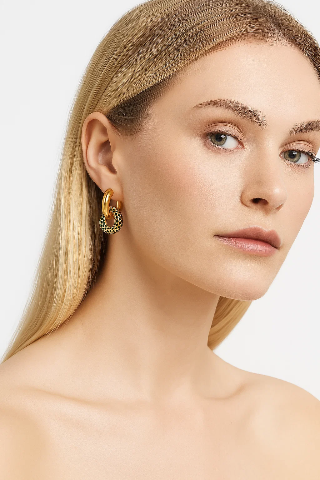 Gold Tone Stainless Steel Hoop Earrings | Detachable Green Crystal Pavé Charm - model-show0615009 