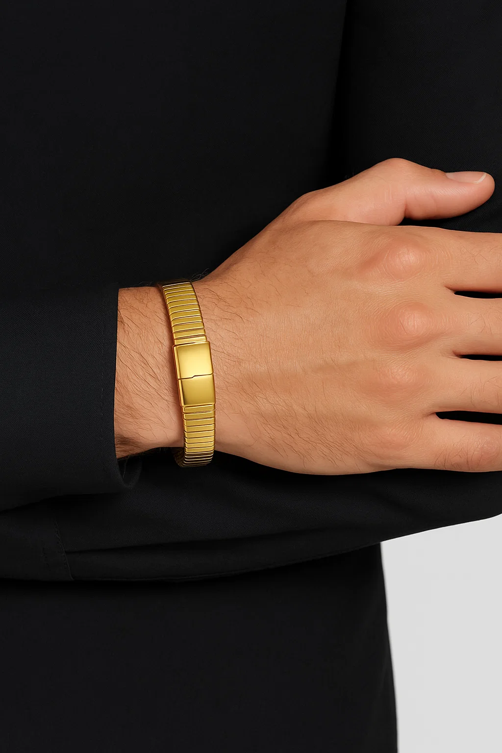 Gold Tone Stainless Steel Expandable Ribbed Bracelet | Modern Flexible Bangle