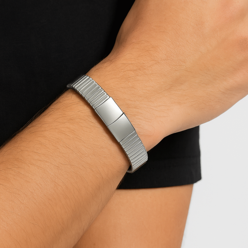 Silver Tone Stainless Steel Expandable Ribbed Bracelet | Flexible Comfort Fit Bangle