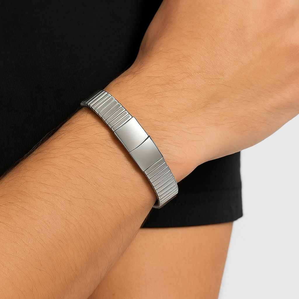 Silver Tone Stainless Steel Expandable Ribbed Bracelet | Flexible Comfort Fit Bangle - modelshow-3 