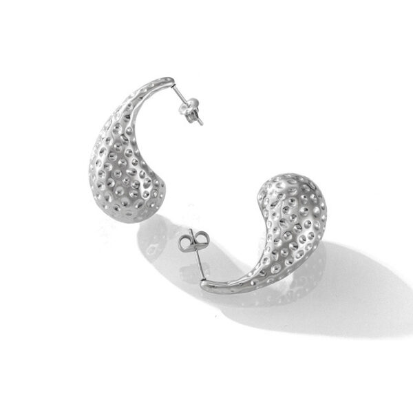 Silver Teardrop Dangle Earrings - Textured Hammered Finish - Stainless Steel Studs
