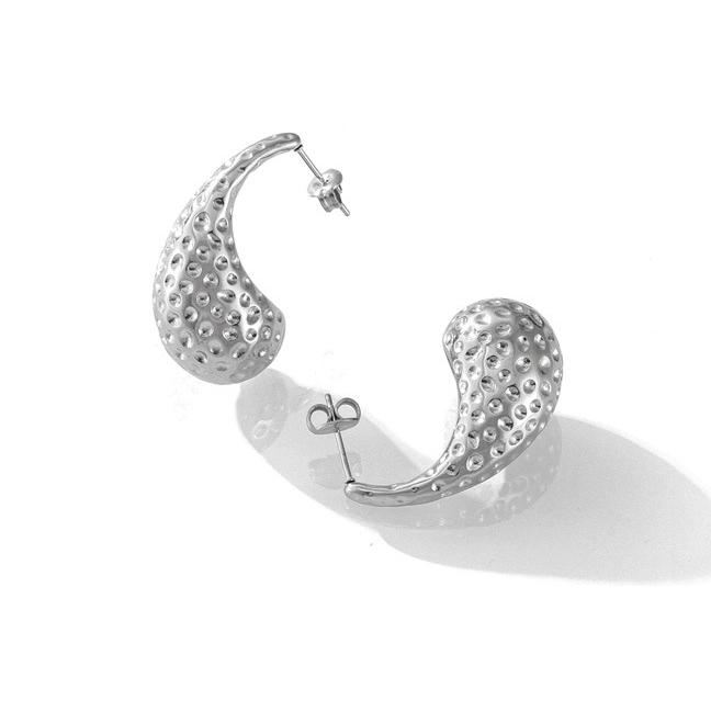 Silver Teardrop Dangle Earrings - Textured Hammered Finish - Stainless Steel Studs
