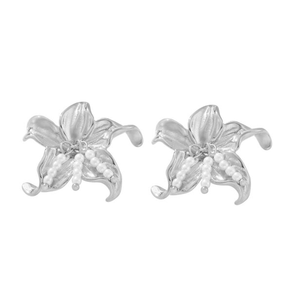 Silver Flower Pearl Stud Earrings - Elegant Floral Dangle Jewelry for Women