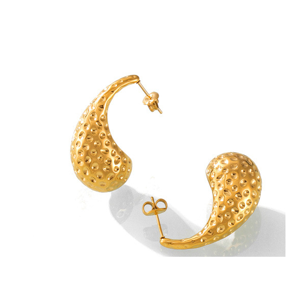 Gold Teardrop Dangle Earrings - Textured Hammered Finish - Stainless Steel Studs