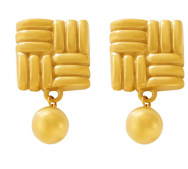 Gold Plated Square Woven Drop Earrings with Ball Dangle - Textured Statement Jewelry