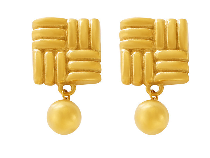 Gold Plated Square Woven Drop Earrings with Ball Dangle - Textured Statement Jewelry