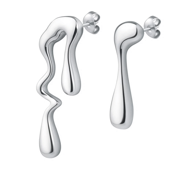 Silver Tone Stainless Steel Abstract Drop Earrings | Modern Fluid "Melted" Design Stud