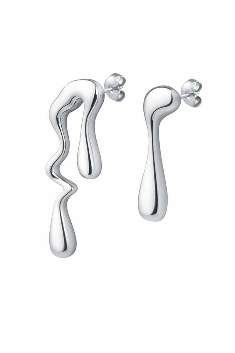 Silver Tone Stainless Steel Abstract Drop Earrings | Modern Fluid "Melted" Design Stud