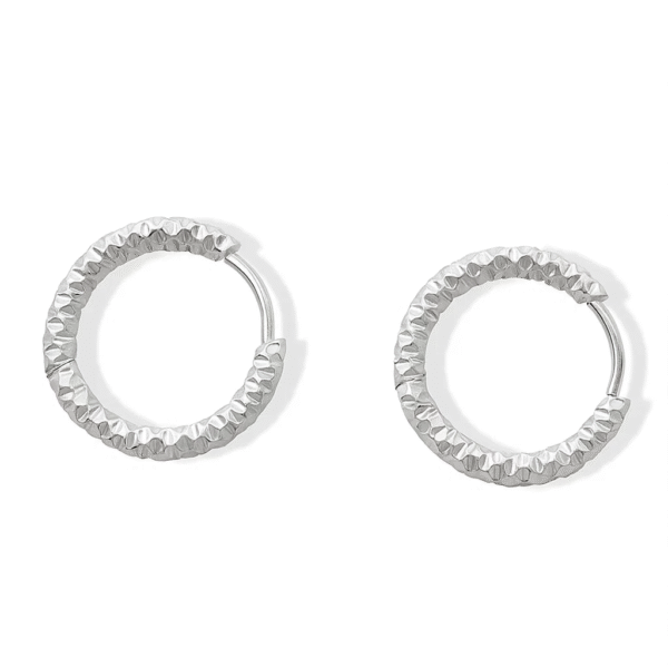 Silver Tone Stainless Steel Textured Hoop Earrings | Modern Faceted Design