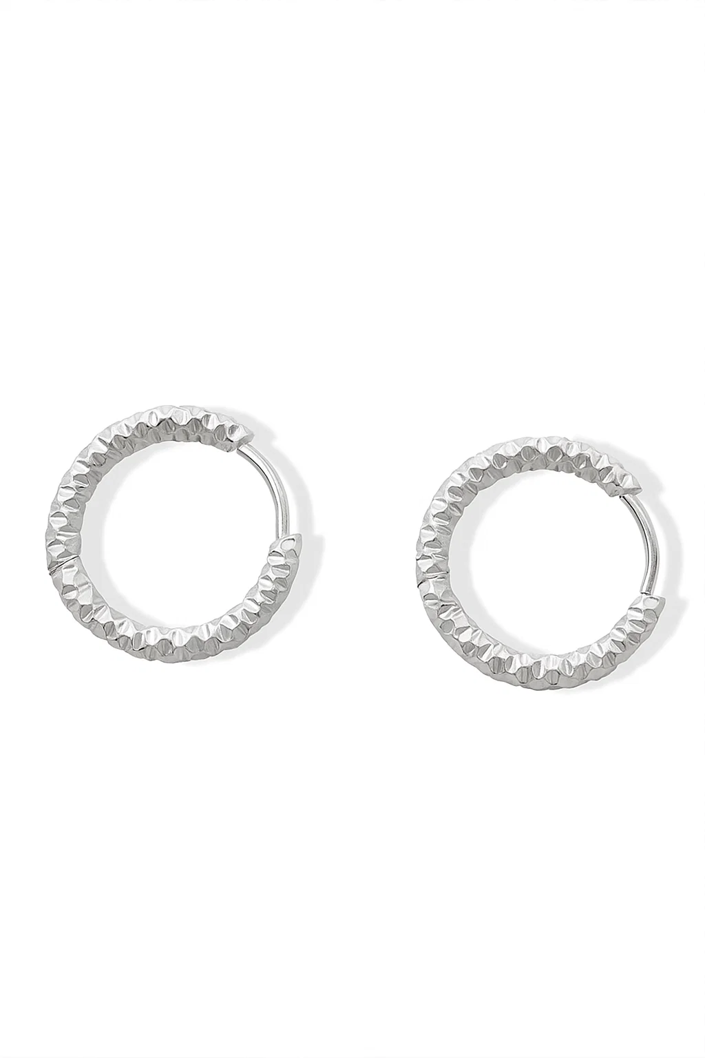 Silver Tone Stainless Steel Textured Hoop Earrings | Modern Faceted Design