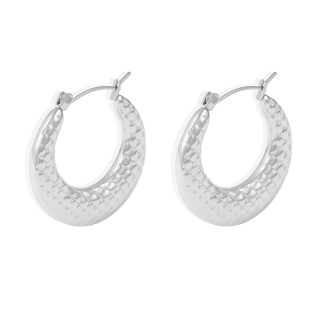 Silver Tone Chunky Textured Hoop Earrings | Modern Hammered Oval Huggies