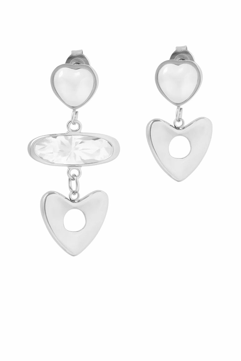 Silver Tone Heart & Crystal Asymmetrical Drop Earrings | Modern Love Dangles