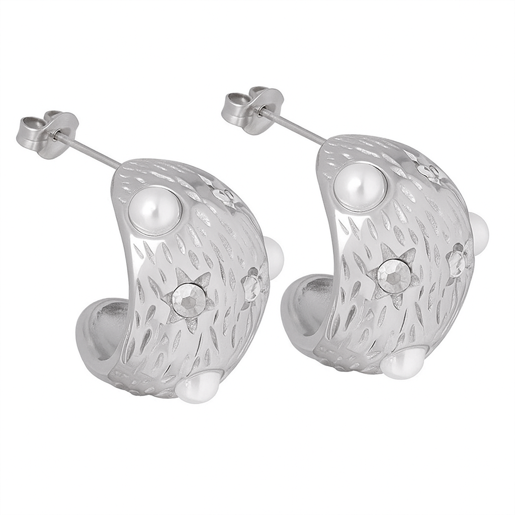 Silver Tone Chunky Textured C-Hoop Earrings | Pearl & Crystal Embellished