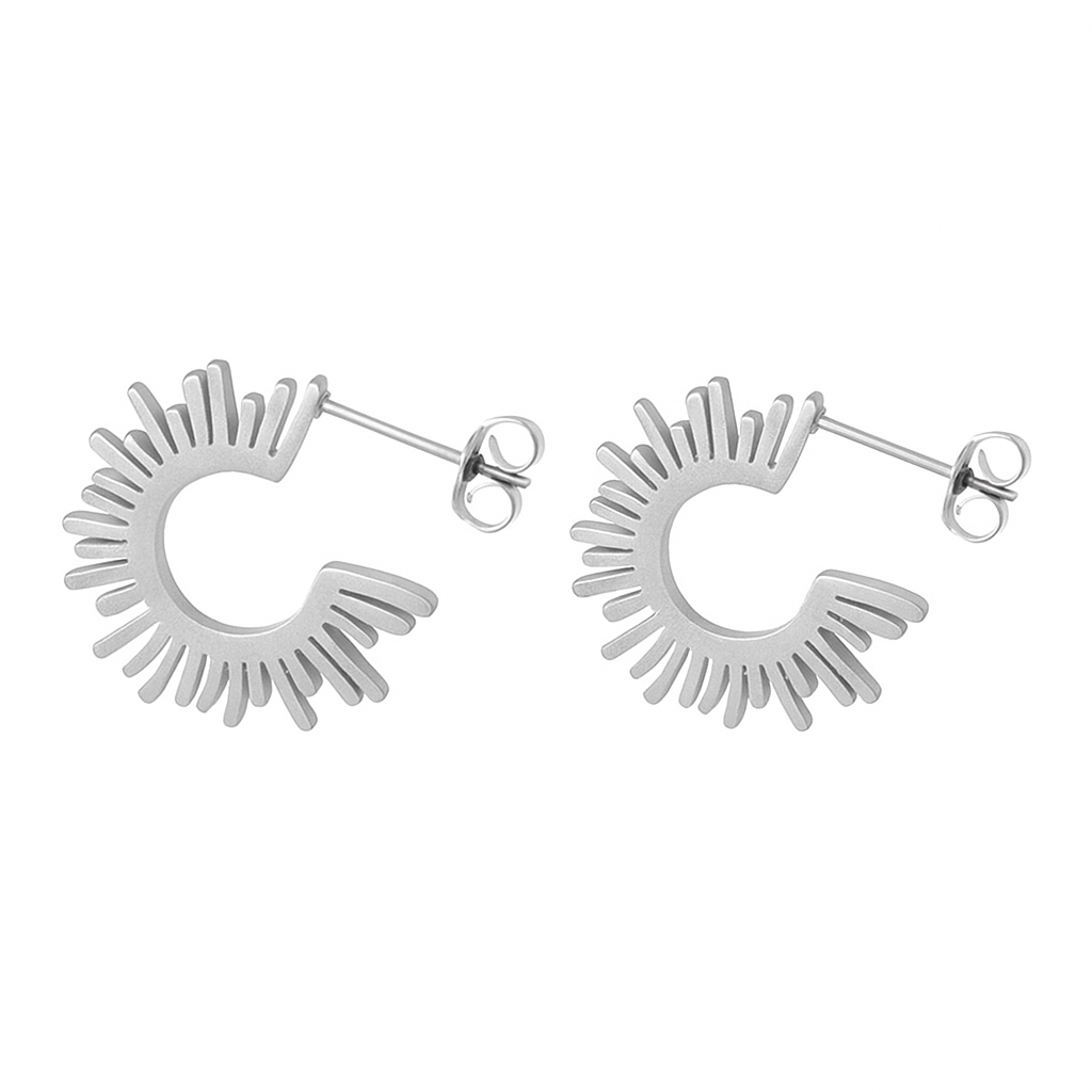 Silver Sunburst Hoop Earrings - Stainless Steel Half Hoop Stud Design