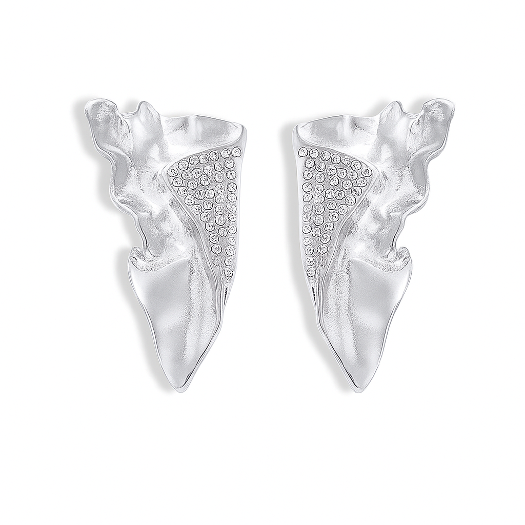 Silver Irregular Drop Earrings with Crystal Embellishment - Modern Abstract Design