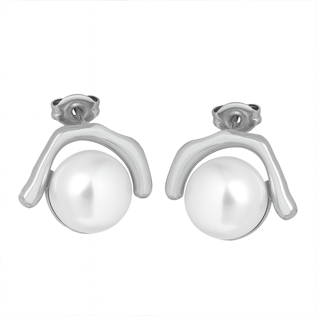 Sterling Silver Modern Pearl Stud Earrings for Women - Chic & Timeless
