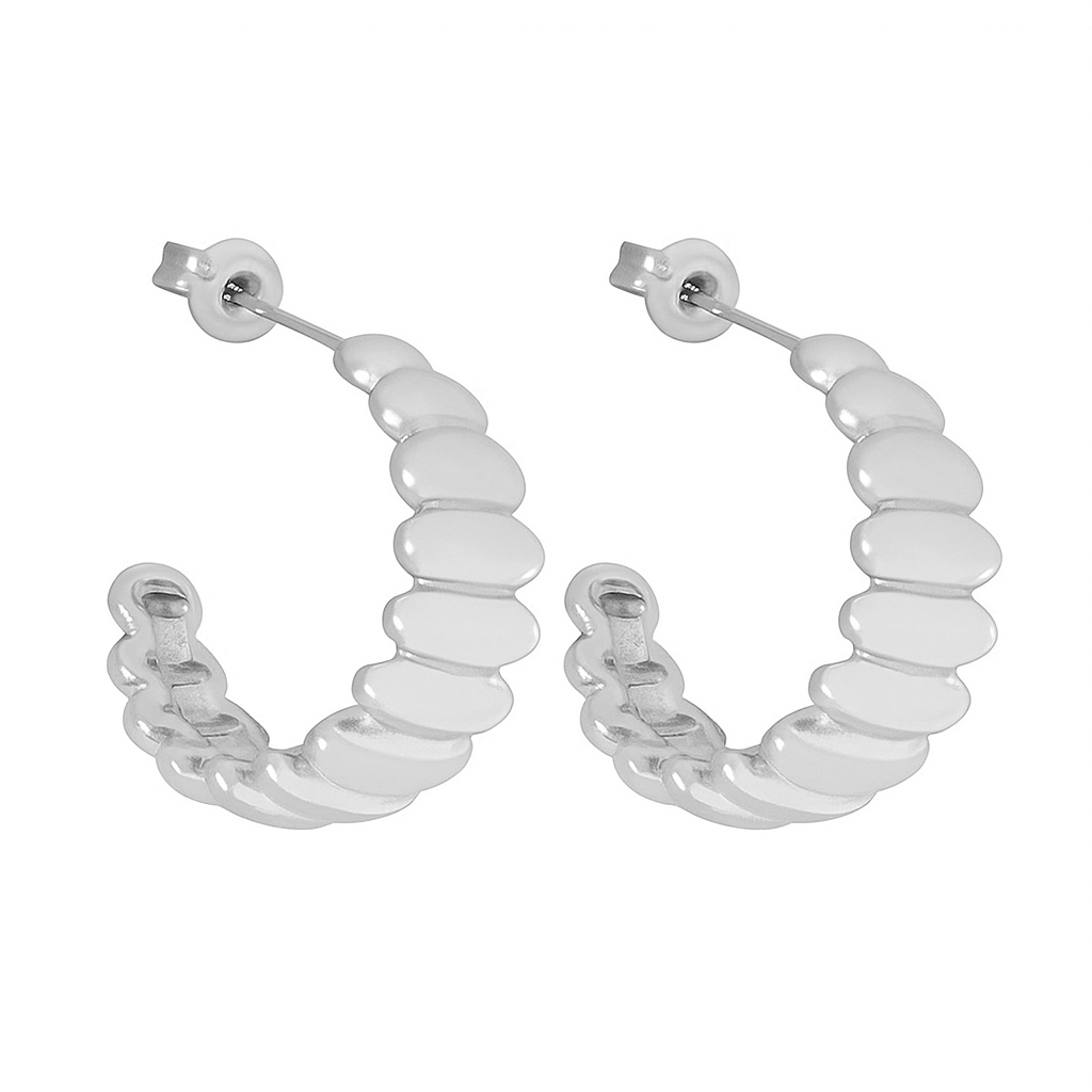 Silver Tone Ridged Hoop Earrings for Women - Chunky Textured U-Shape Stud Earrings