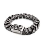Men’s Stainless Steel Carved Link Bracelet with Skull Clasp – Gothic Biker Jewelry