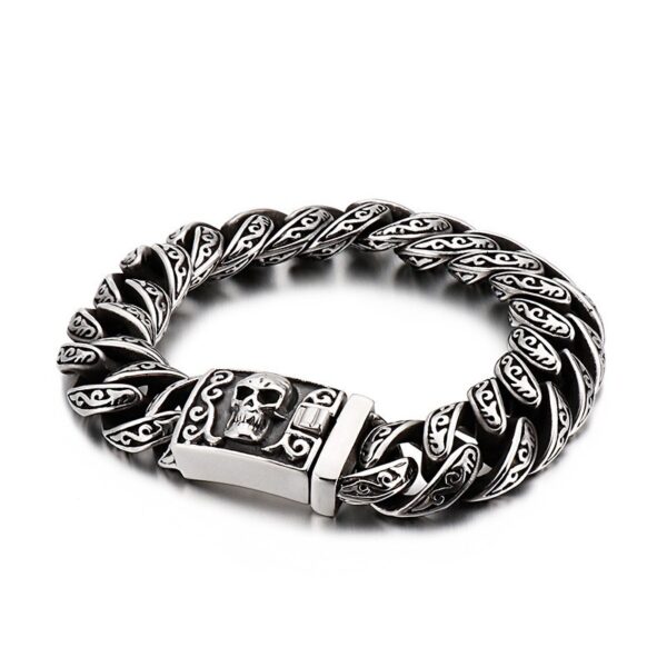 Men's Stainless Steel Carved Link Bracelet with Skull Clasp - Gothic Biker Jewelry