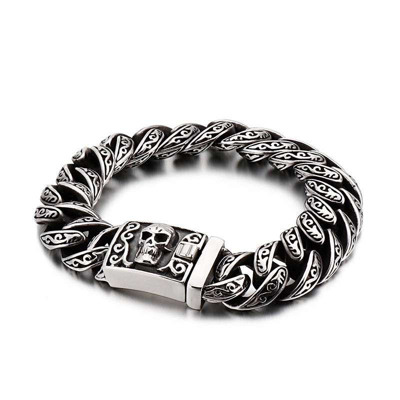 Men's Stainless Steel Carved Link Bracelet with Skull Clasp - Gothic Biker Jewelry