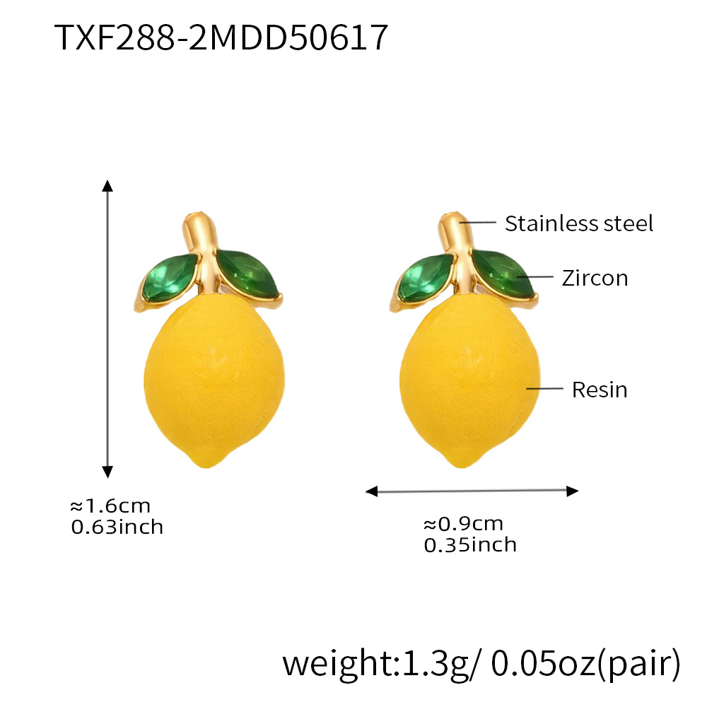 Cute Lemon Stud Earrings - Enamel Fruit Jewelry with Green Leaves - 主图-11-2 