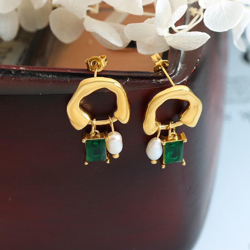 Gold Tone Stainless Steel Abstract Drop Earrings | Green Crystal & Baroque Pearl Dangle - 主图-2-1 