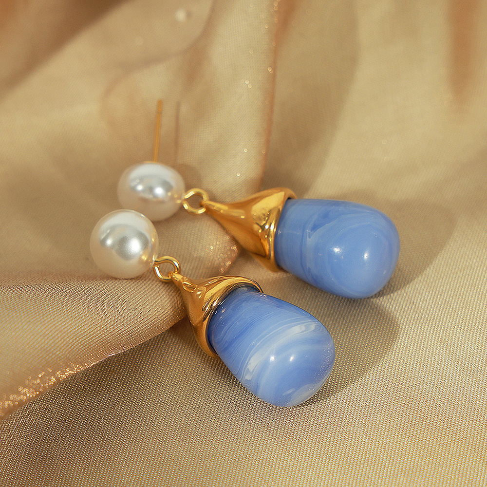 Gold Tone Pearl & Teardrop Stone Drop Earrings | Multi-Color Dangle Options - 主图-2-4 