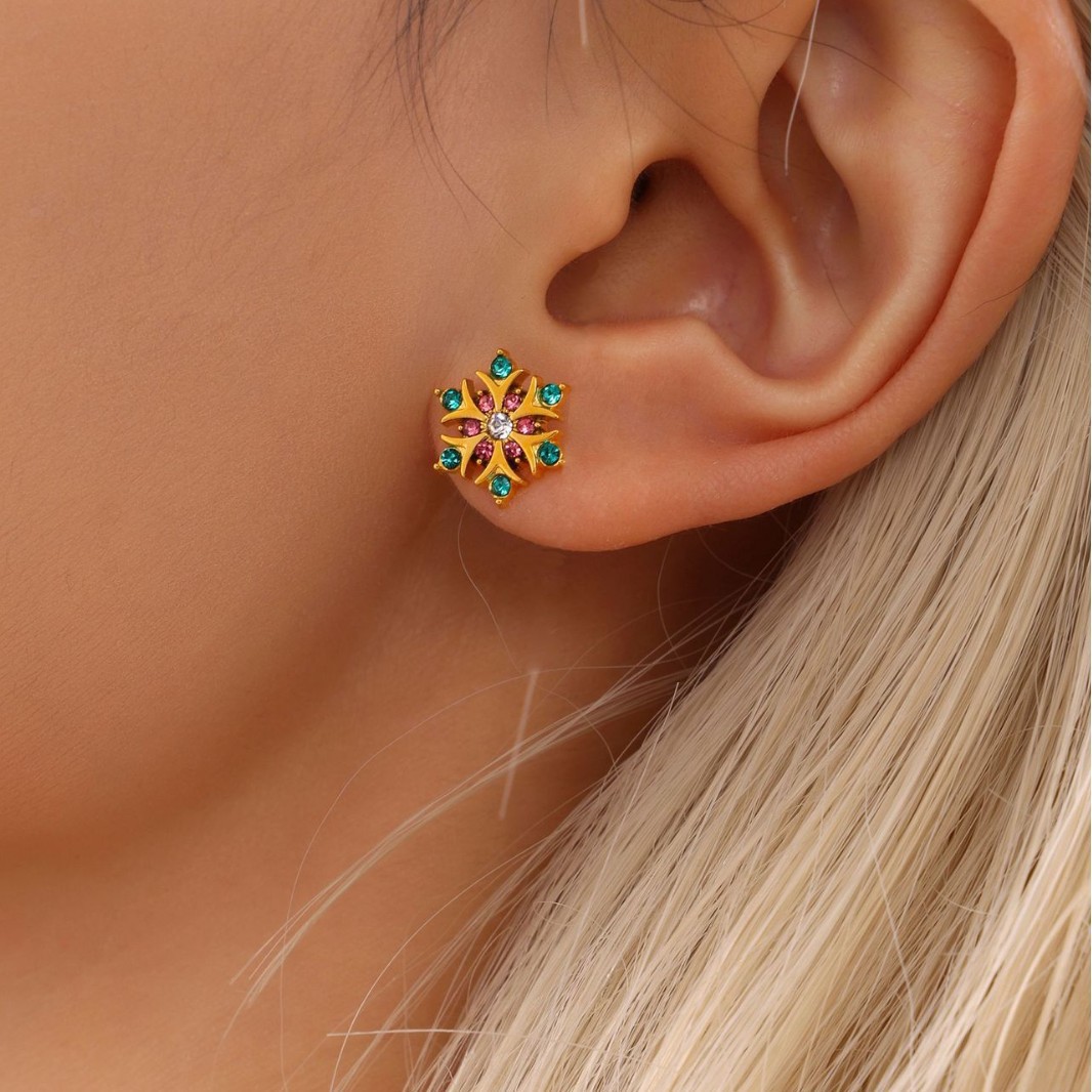 Gold Tone Multi-Color Crystal Starburst Stud Earrings | Festive & Elegant - 主图-2-5 