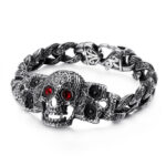 Men’s Stainless Steel Skull Bracelet with Red Eyes – Biker Goth Punk Jewelry