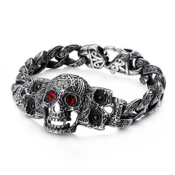 Men's Stainless Steel Skull Bracelet with Red Eyes - Biker Goth Punk Jewelry