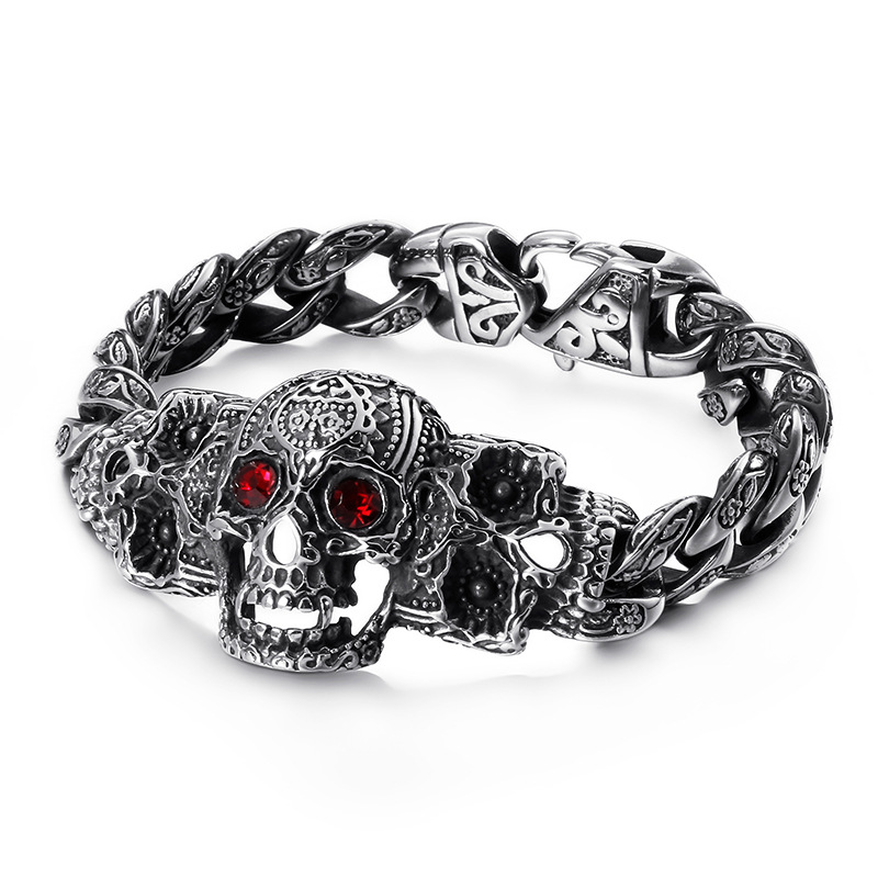 Men's Stainless Steel Skull Bracelet with Red Eyes - Biker Goth Punk Jewelry