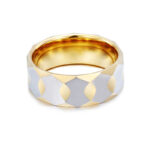 Gold Tone Stainless Steel Geometric Inlay Ring | Faceted Band with White Pattern