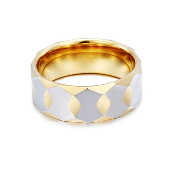 Gold Tone Stainless Steel Geometric Inlay Ring | Faceted Band with White Pattern